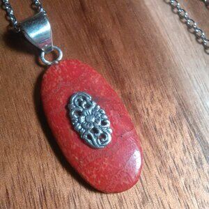 Red Sponge Coral Sterling Silver Pendant Stainless Steel Necklace
